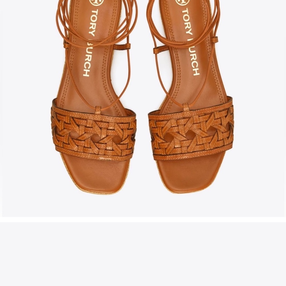 Tory Burch Basketweave Espadrille Lace Up Tan Woven Sandals